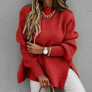 Knit Sweaters Women Half High Collar Full <b>Sleeve</b> Thick Splice <b>Jumpers</b> Solid Casual Split Pullovers Office Lady Elegant - Product Image 5