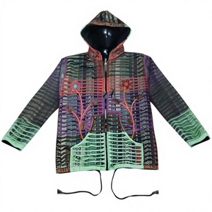 Chaqueta con Capucha Estilo Boho Hippie con Parches Florales de Lana, Lavable, Antiarrugas, Color Caramelo, con Botones, Moderna, Elegante y a la Moda - Product Image 3
