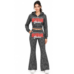 Survêtement gris à capuche pour femme BRANDNAME, fermeture éclair intégrale, motif à pois, style décontracté avec poches latérales, impression par transfert thermique - Product Image 5