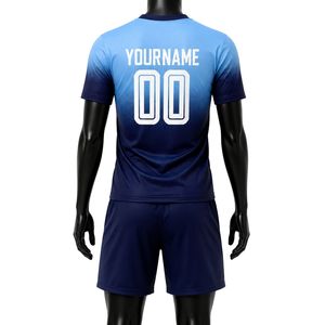 ชุดเสื้อฟุตบอลสีน้ำเงินกรมท่าแบบซับลิเมชั่นพร้อมกางเกงขาสั้น ชุดยูนิฟอร์มทีมฟุตบอลชาย แขนสั้น ชุดกีฬาสำหรับการแข่งขันและฝึกซ้อมกลางแจ้ง - Product Image 2