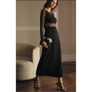 Robe longue en dentelle noire à manches longues avec panneau transparent à la taille ou robe midi en dentelle découpée, robe longue en dentelle noire à manches longues - Product Image 3