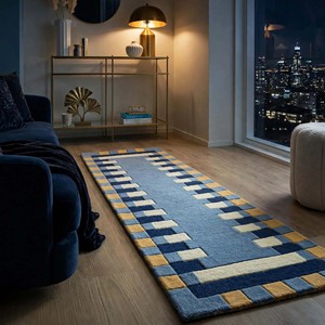 Modern Geometric Area Rug Rectangle Blue Cream Border Flat Weave Non-Slip Living <b>Room</b> Home Decor Contemporary Accent <b>Carpet</b> - Product Image 2