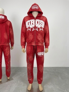 Ensemble de survêtement marron zippé pour homme avec imprimé lettres, coupe ample, style streetwear, 2 pièces, vintage, respirant, délavé à l'acide, avec poches - Product Image 3