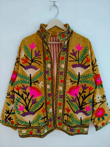 Suzani สีเหลืองแจ็กเก็ตปักลายกำมะหยี่ใส่ได้ทั้งชายและหญิงเสื้อโค้ทสไตล์ชนเผ่าสไตล์วินเทจโบฮีเมียนเก๋ไก๋ลายดอกไม้ผ้าฝ้าย - Product Image 2