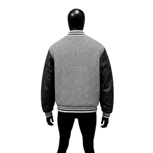 Blouson universitaire gris en gros avec manches en cuir PU noir, col rabattu, tenue décontractée d'automne, streetwear d'hiver décontracté haut de gamme - Product Image 2