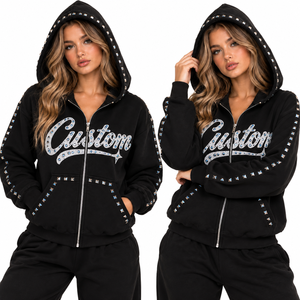 Sudadera con capucha para hombre, personalizada, con lavado ácido, efecto desgastado por el sol, de felpa francesa gruesa, con cremallera, con aplique de pedrería, estilo streetwear, venta al por mayor, fabricante - Product Image 2