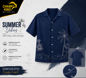 เสื้อเชิ้ตผู้ชายสีน้ำเงินกรมท่า ปกติดกระดุม แขนสั้น สไตล์ลำลอง - Product Image 1