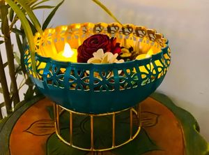 Green Metal Tealight <b>Candle</b> <b>Holder</b> Urli Bowl with Stand – Decorative Floral Cutout Teal & Gold Centerpiece for <b>Floating</b> Flowers. - Product Image 4