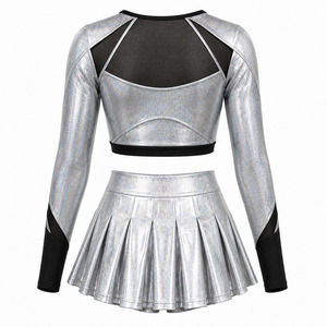 Wholesale Metallic <b>Holographic</b> Cheerleader Uniform Women Sparkle Long Sleeve Cheer Dance Crop <b>Top</b> Pleated Skirt Set - Product Image 6