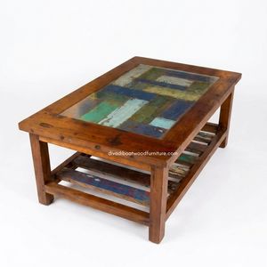 Rustic Solid Wood Durable Eco-Friendly Handmade <b>Coffee</b> <b>Table</b> Storage Glass Top Antique Finish Indoor Outdoor Living Room - Product Image 3