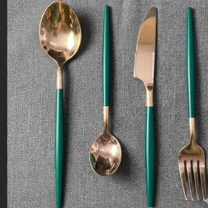 Ensemble de couverts de luxe de couleur or champagne avec poignée verte, ensemble de 4 couverts de qualité supérieure, en acier inoxydable durable, passe au lave-vaisselle - Product Image 3