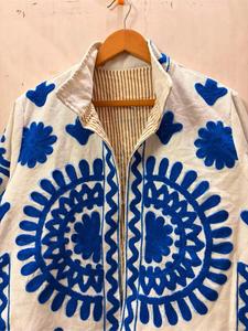 Premium White <b>Velvet</b> Embroidered Suzani <b>Jacket</b> with Blue Floral Pattern Full Sleeve Stand Collar Boho Soft Winter Outwear - Product Image 5