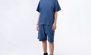 Nouvel Arrivage 2026 Short Unisexe 100% Coton French Terry Délavé à l'Acide Effet Usé Streetwear avec Poches Bleu Uni - Product Image 5