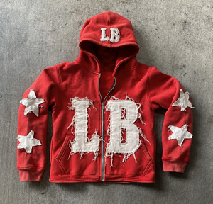 Mens <b>Red</b> Zip Up <b>Hoodie</b> Vintage Applique Fashion <b>Hoodie</b> Distressed Letter Design Star Patch Decoration Casual <b>Zipper</b> <b>hoodie</b> - Product Image 1