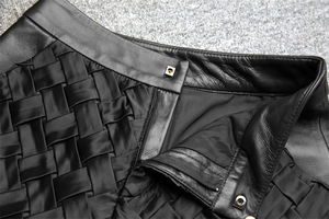 High Waist Woven Leather Shorts Unisex Moto Biker Style Button Fly Black Geometric Pattern Short Shorts - Product Image 6
