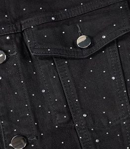 Veste en jean noire pour homme avec motif à pois en strass, col rabattu, manches classiques, style décontracté pour l'automne, avec capuche à strass - Product Image 5