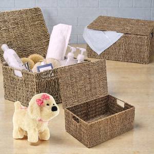 Lot de 3 paniers de rangement rectangulaires en jonc de mer tressé à la main avec couvercles, pour étagères, placards et organisation domestique - Vente en gros - Product Image 1