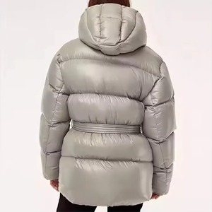 Women's Gray <b>Quilted</b> Puffer Jacket With Hood Full Sleeve <b>Winter</b> Warm Coat Solid Color Polyester Wadding Thick Design - Product Image 2