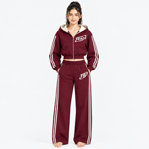 Women's 2 Piece Tracksuit Set <b>Cropped</b> Zip Hoodie Wide Leg Sweatpants Side Stripe Sporty <b>Jogger</b> Set Black Red - Product Image 6