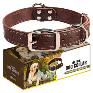 Genuine Cowhide Leather Dog <b>Collar</b> & Braided Leash Set Double Buckle D-Ring Heavy Duty Large Breed <b>Pet</b> <b>Collar</b> - Product Image 5
