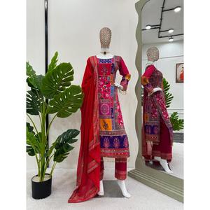 ATTRACTIVE AMERICAN <b>SILK</b> DIGITAL PRINT WITH DIAMOND WORK TOP BOTTOM WITH DUPATTA <b>RED</b> - Product Image 1
