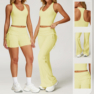 Ensemble de yoga jaune 2 pièces pour femme : haut court taille haute avec short froncé et pantalon, tenue de sport sans couture à col en V et sans manches - Product Image 1