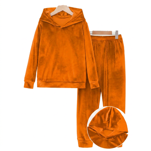 Survêtement en velours uni à capuche pour femme, manches longues, taille élastique, coupe ample, tenue décontractée d'automne, 100% polyester - Product Image 3
