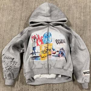 Ensemble de survêtements tricotés pour homme, style streetwear personnalisé, en coton uni, délavé à l'acide, respirant, 420g, hiver, avec fermeture éclair et double taille - Product Image 3