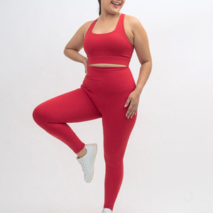 Ensemble de yoga pour femmes, leggings taille haute, soutien-gorge de sport, 2 pièces, vêtements de sport, taille plus, rouge, sans couture, longueur intégrale, couleur unie - Product Image 3