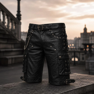 Shorts Cargo de Cuero Negro con Tachuelas, Cintura Alta, Detalles de Cordones y Cinturón, Estilo Motero - Product Image 3