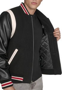 <b>Men's</b> Black Varsity <b>Jacket</b> PU <b>Leather</b> Sleeves Embroidered C Logo Zipper Closure Preppy Style Autumn Wear Regular Fit - Product Image 2