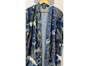 Luxury Printed Knitted Velvet Cotton Thick Long Autumn Winter <b>Kimono</b> Robe <b>Jackets</b> Bridesmaid Bathrobe Women Dressing Gown Blue - Product Image 3
