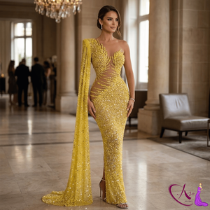 Vestido de noche largo hasta el suelo con lentejuelas y adornos dorados hechos a mano por diseñador, con un solo hombro descubierto. |   Vestido Ajustado Transparente para Fiesta o Boda para Mujer - Product Image 2