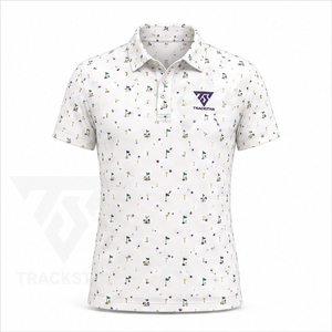 Camiseta Polo Trackstar para Hombre, Blanca Multicolor con Estampado de Iconos de Golf, Manga Corta, Cuello con Botones, Camisa Deportiva Casual, Logotipo Personalizado - Product Image 1