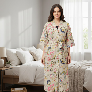 Bata Kimono de Algodón con Estampado Floral Bohemio, Bata de Baño Larga con Estampado a Bloques, Bata Ligera para Descansar, Bata de Algodón con Cintura Ajustable para Resort - Product Image 3