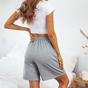 Shorts Bermuda gris taille haute pour femme, décontractés, coupe ample, en coton tricoté respirant avec poches - Product Image 5