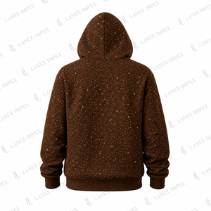 เสื้อฮู้ดซิปผู้ชายสีน้ำตาลประดับเพชรเทียม เสื้อฮู้ดสไตล์เพชรเทียมแบบสั่งทำพิเศษ เสื้อฮู้ดซิปเต็มตัวลำลองแนวสตรีทแฟชั่น - Product Image 3