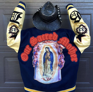 Chaqueta Varsity para Hombre, Bordado de la Virgen María en Chenille, Color Azul Marino, para Ropa Urbana, Lona Ecológica Impermeable, Personalizable OEM - Product Image 4