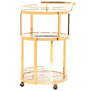 Chariot de service hôtelier moderne du milieu du siècle à 3 niveaux en bois avec cadre finition dorée et accents de mobilier commercial durable - Product Image 5