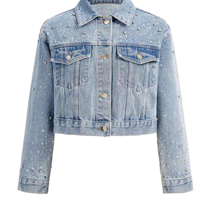 Fashion <b>Rhinestone</b> Printed Women Denim <b>Jacket</b> 100%Cotton Fabric Full Sleeve Loose Fit Button Up Ladies Jeans <b>Jackets</b> - Product Image 1