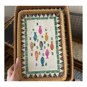 Artisan Rattan <b>Tray</b> With Mother Of Pearl Inlay Handmade Sustainable Home <b>Storage</b> Basket And Decorative Centerpiece - Product Image 2