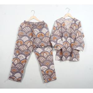 Eco-Friendly Hand Block Printed Cotton Pajama <b>Set</b> with Elastic Waist for All Seasons Long Sleeve Top Pants for Women - Product Image 6