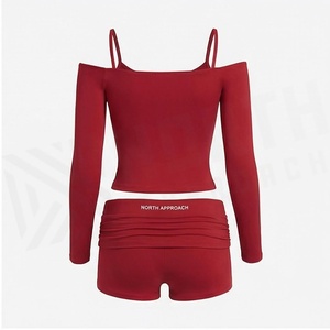 North Approach 2 Piece Yoga Set Off Shoulder Spaghetti Strap <b>Crop</b> <b>Top</b> High Waist Ruched Shorts Solid <b>Red</b> Full Sleeve Seamless - Product Image 2