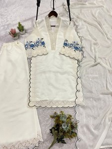 White Embroidered <b>Indian</b> Pakistani <b>Top</b> Elegant V Neck Long Sleeve Salwar Kameez Blouse for Wedding Party - Product Image 6