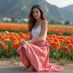 กระโปรงยาวถึงเข่าผ้าคอตตอนสีชมพูพีชทำด้วยมือพิมพ์ลายซิกแซกสำหรับใส่ประจำวันสาวๆชายหาดบรรยากาศฤดูร้อน - Product Image 1