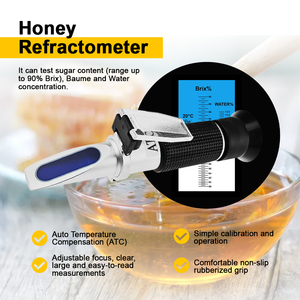 Réfractomètre à miel 3-en-1 58-90% Brix 38-43 Baume 12-27% Testeur d'humidité de l'eau avec ATC pour l'apiculture, le sirop d'érable et la confiture - Product Image 1