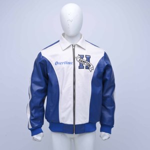 Overtime Hampton Real Leather Winter <b>Jacket</b> <b>Men</b> Blue <b>White</b> Embroidered Letter Logo Zipper Front Turn-down Collar Preppy Style - Product Image 1