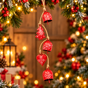 Guirlande de clochettes métalliques rouge vif pour les fêtes, avec des breloques en forme de cœur d'arbre et de motifs floraux, et des détails décoratifs en lignes blanches - Product Image 2