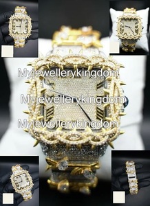 Montre à boîtier carré en moissanite et acier inoxydable, résistance à l'eau 10 bars, cadran entièrement serti, bracelet en acier inoxydable bicolore avec moissanite - Product Image 5