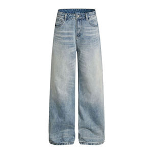 Pantalon en jean délavé taille haute à jambe large pour homme, décontracté, en coton mi-lourd, avec braguette boutonnée, tissu tissé, style printemps - Product Image 1